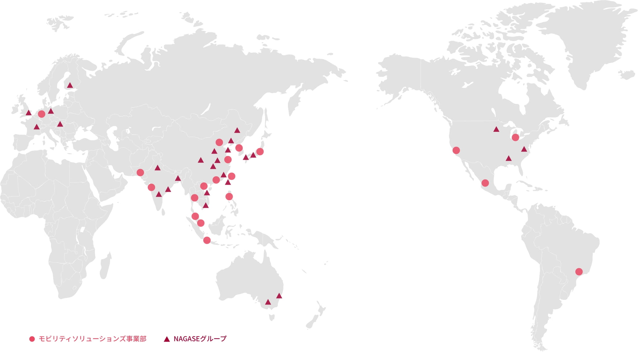 NAGASEグループとモビリティソリューションズ事業部の国内外拠点を示す地図
